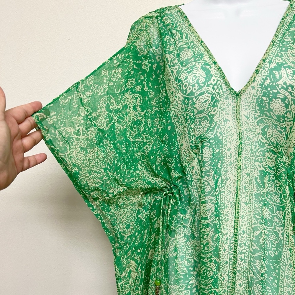 Ella Moss Mermaidcore Silk Sheer Vibrant Green Paisley Patterned Boho Kaftkan - Picture 2 of 9